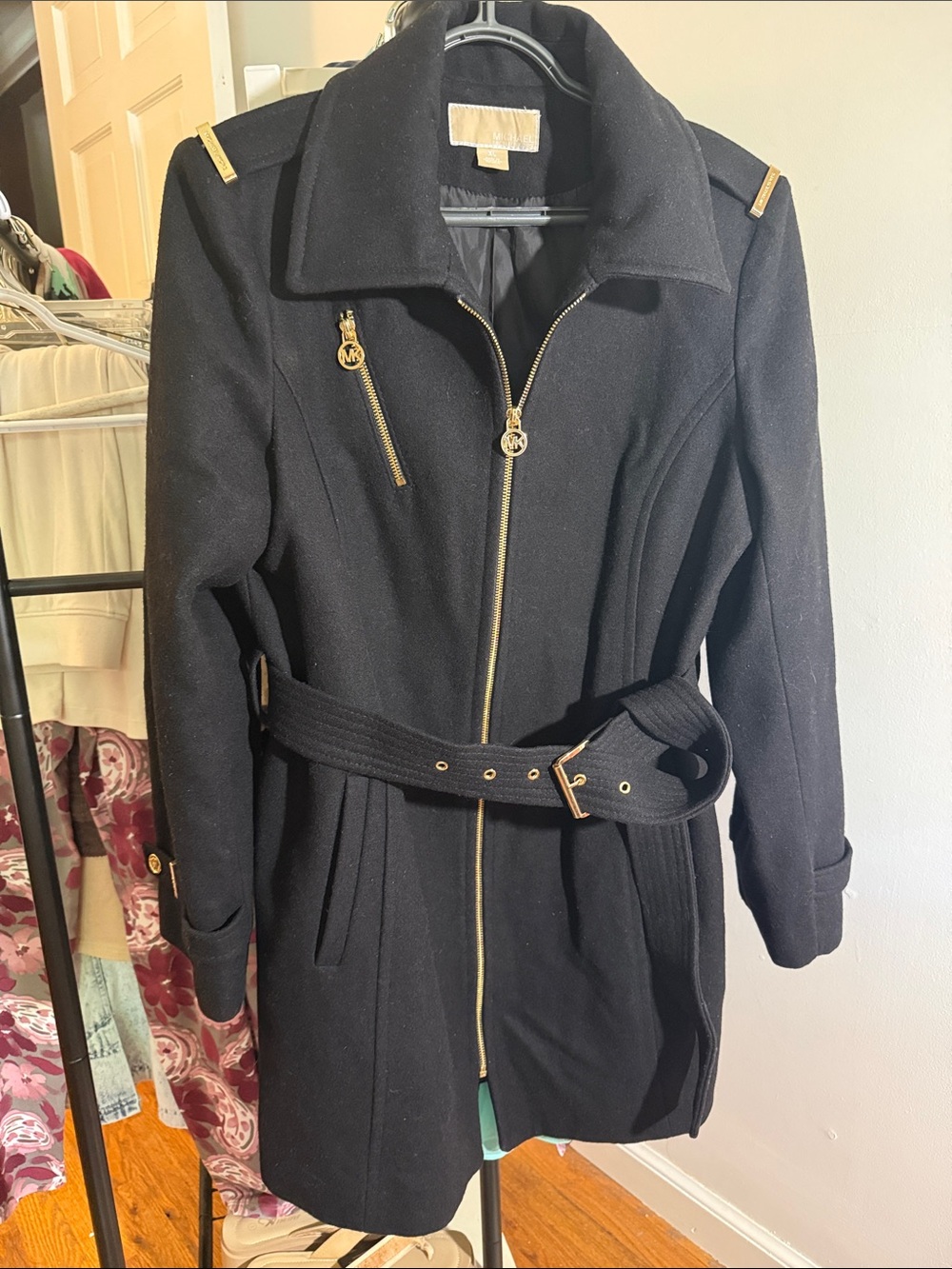 Michael Kors Black Wool-Blend Peacoat with Gold Hardware